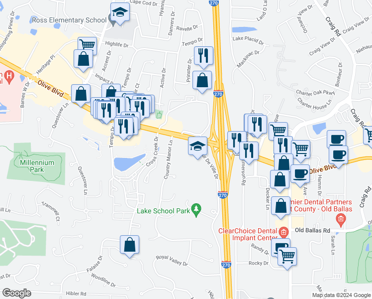 map of restaurants, bars, coffee shops, grocery stores, and more near 12136 Olive Boulevard in Creve Coeur