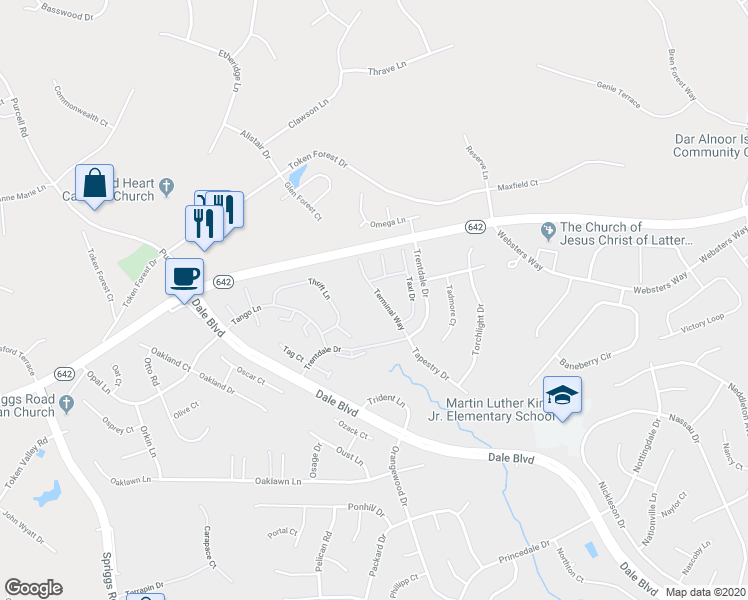 map of restaurants, bars, coffee shops, grocery stores, and more near 13006 Terminal Way in Woodbridge