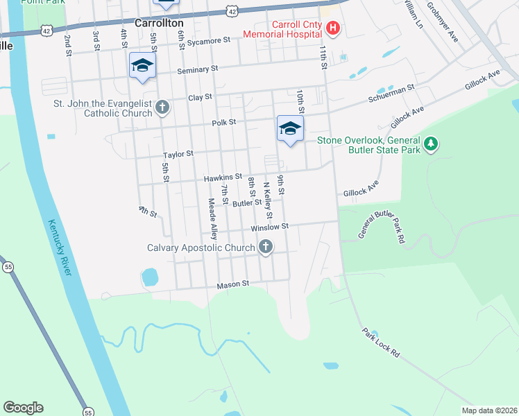 map of restaurants, bars, coffee shops, grocery stores, and more near 901-999 8th Street in Carrollton