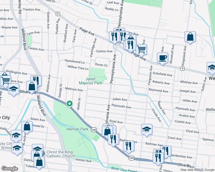 map of restaurants, bars, coffee shops, grocery stores, and more near 7008 Raymond Avenue in University City