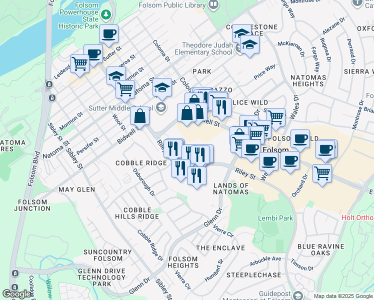 map of restaurants, bars, coffee shops, grocery stores, and more near 1006 Riley Street in Folsom