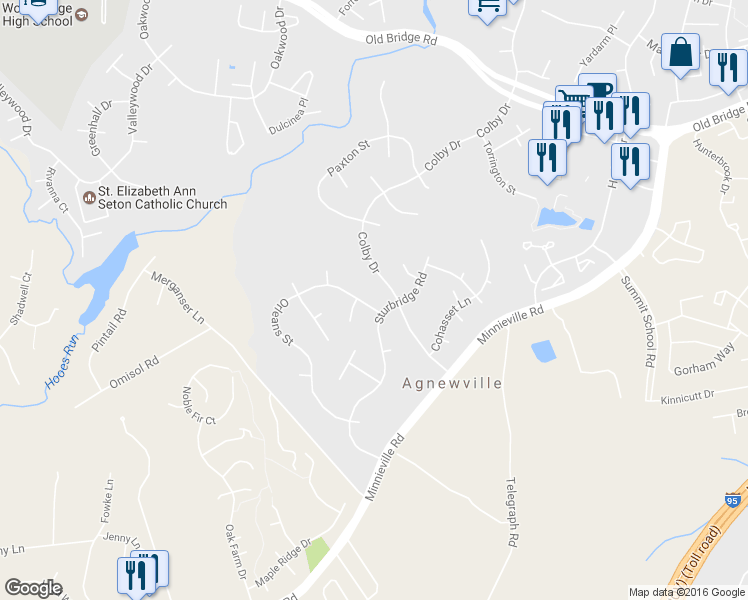 map of restaurants, bars, coffee shops, grocery stores, and more near 12968 Orleans Street in Woodbridge