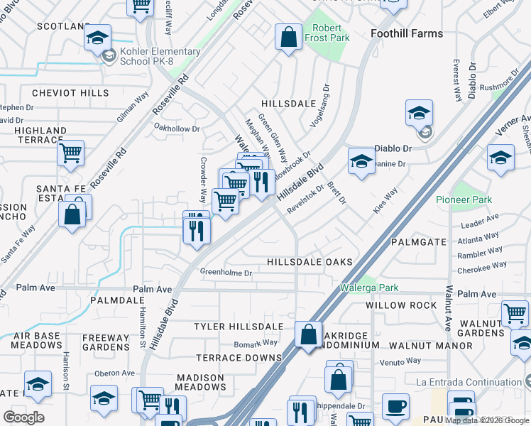 map of restaurants, bars, coffee shops, grocery stores, and more near 5736 Hillsdale Boulevard in Sacramento