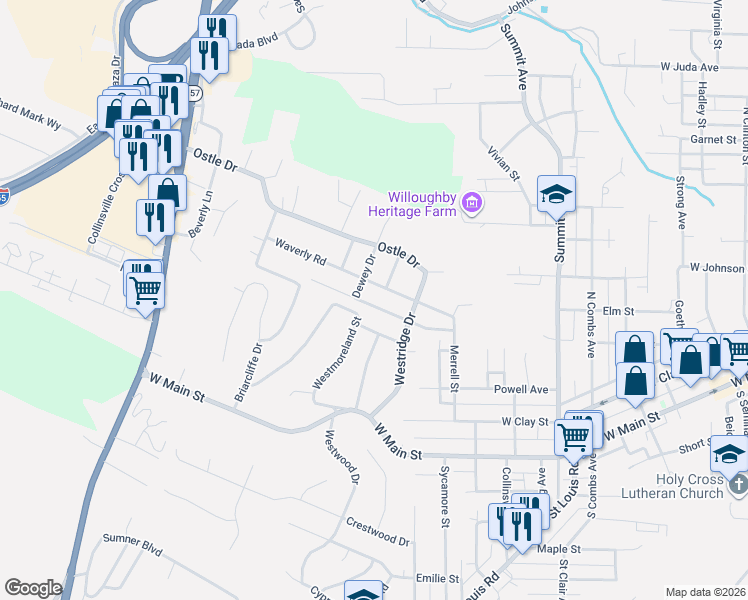 map of restaurants, bars, coffee shops, grocery stores, and more near 209 Fletcher Street in Collinsville
