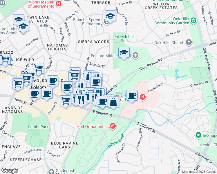 map of restaurants, bars, coffee shops, grocery stores, and more near 1338 School Street in Folsom