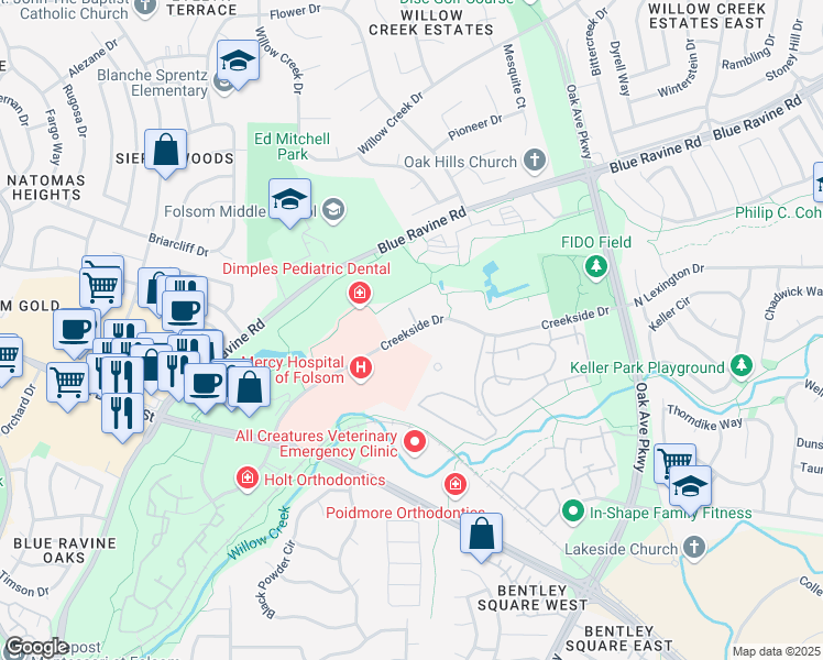 map of restaurants, bars, coffee shops, grocery stores, and more near 155 Placerville Road in Folsom