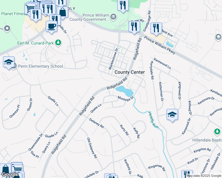 map of restaurants, bars, coffee shops, grocery stores, and more near 12997 Hargrett Way in Woodbridge