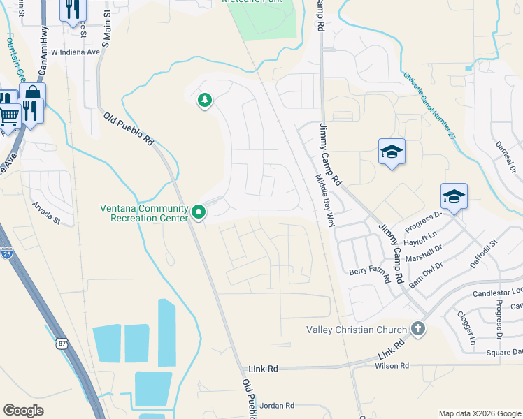 map of restaurants, bars, coffee shops, grocery stores, and more near Benecia Drive in Fountain
