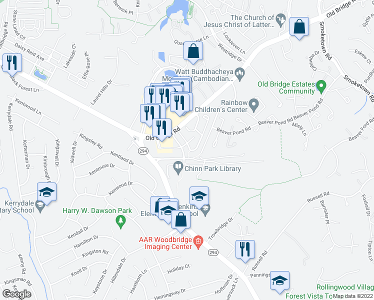 map of restaurants, bars, coffee shops, grocery stores, and more near 4115 Cressida Place in Woodbridge