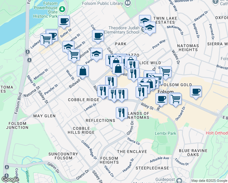 map of restaurants, bars, coffee shops, grocery stores, and more near 1006-1008 Riley Street in Folsom