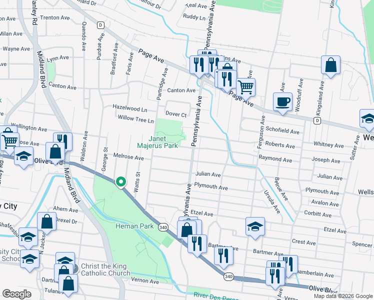 map of restaurants, bars, coffee shops, grocery stores, and more near 7008 Raymond Avenue in University City