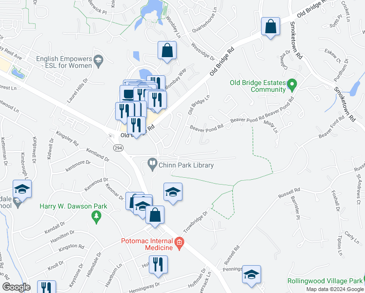 map of restaurants, bars, coffee shops, grocery stores, and more near 12977 Freestone Court in Woodbridge