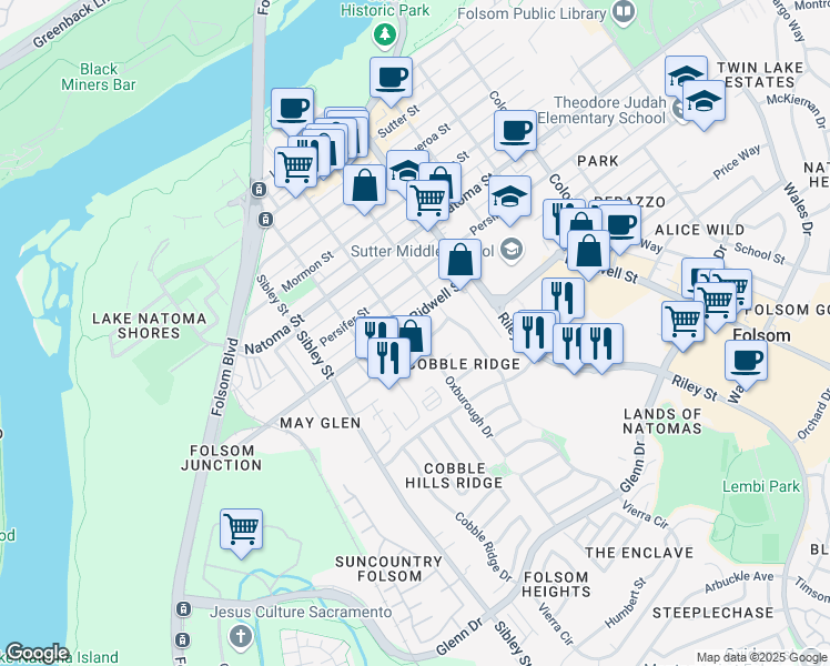 map of restaurants, bars, coffee shops, grocery stores, and more near 234 Oxburough Drive in Folsom