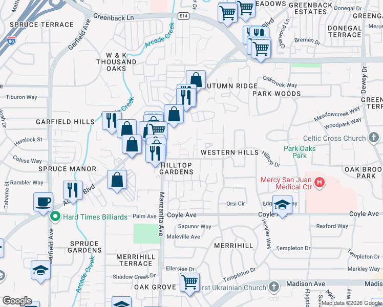 map of restaurants, bars, coffee shops, grocery stores, and more near 6000 Hilltop Drive in Carmichael