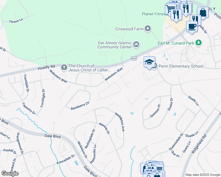 map of restaurants, bars, coffee shops, grocery stores, and more near 5538 Victory Loop in Manassas