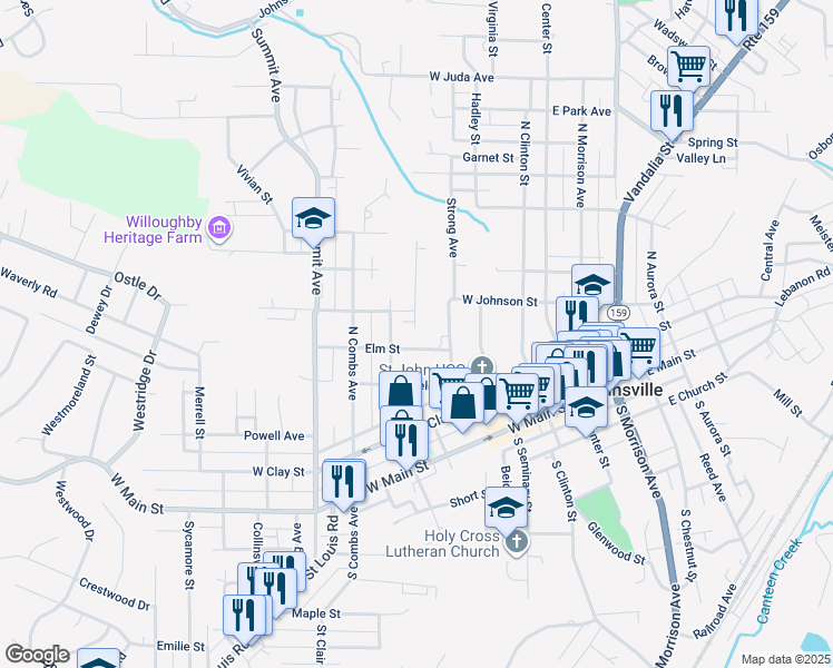 map of restaurants, bars, coffee shops, grocery stores, and more near 510 Elm Street in Collinsville