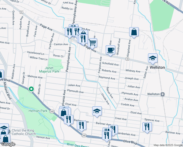 map of restaurants, bars, coffee shops, grocery stores, and more near 6818 Raymond Avenue in University City