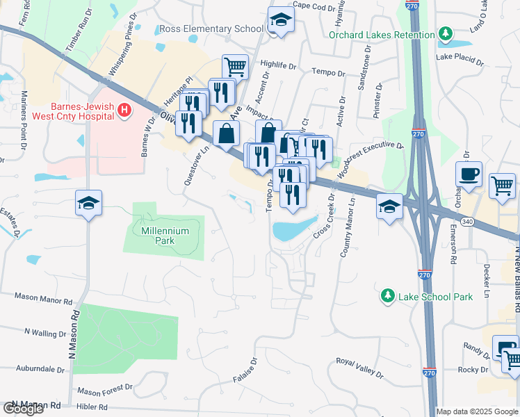map of restaurants, bars, coffee shops, grocery stores, and more near 12400 Lighthouse Way Drive in Creve Coeur