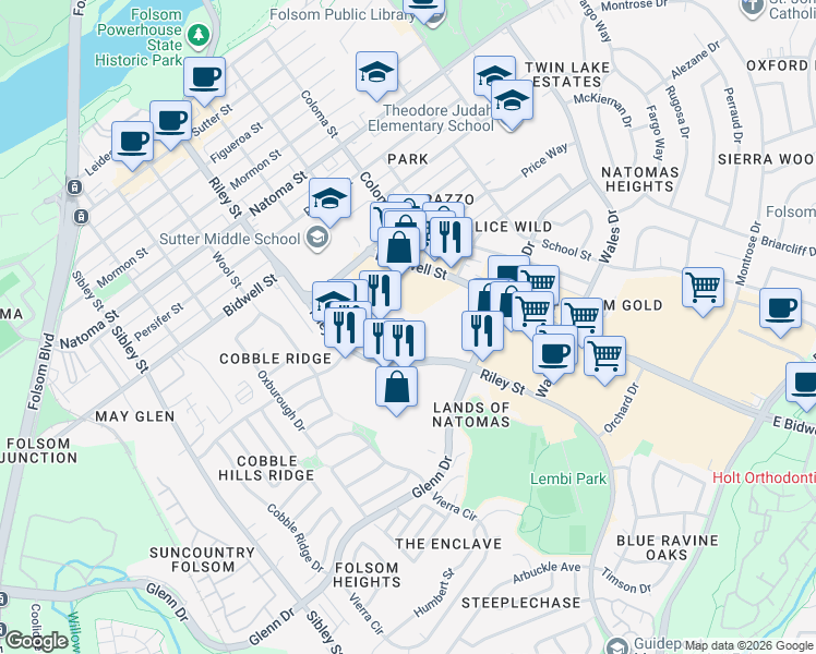 map of restaurants, bars, coffee shops, grocery stores, and more near 1015 Riley St in Folsom