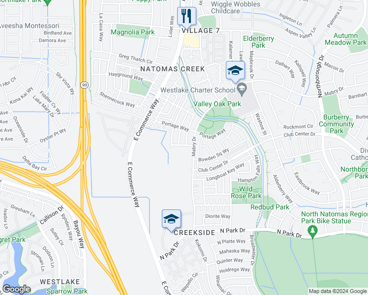 map of restaurants, bars, coffee shops, grocery stores, and more near 3124 Sandpiper Way in Sacramento