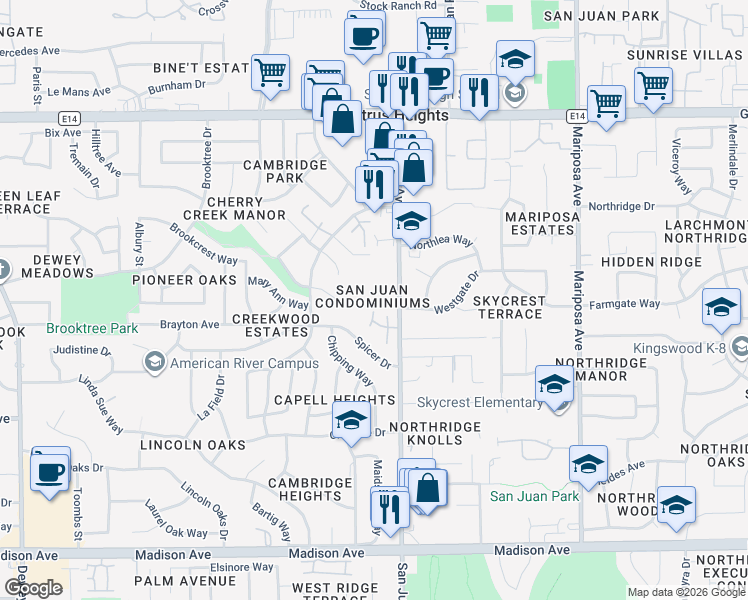 map of restaurants, bars, coffee shops, grocery stores, and more near 7319 Villa Del Sol Lane in Citrus Heights