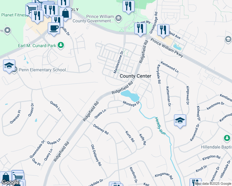map of restaurants, bars, coffee shops, grocery stores, and more near 12997 Hargrett Way in Woodbridge
