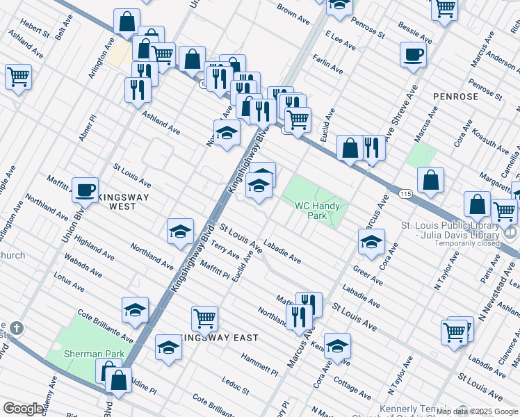 map of restaurants, bars, coffee shops, grocery stores, and more near 3033 North Euclid Avenue in St. Louis