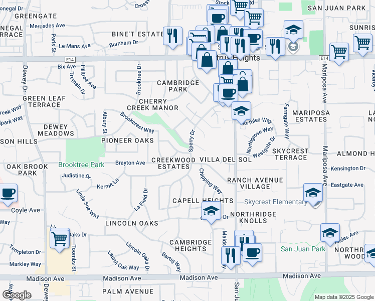 map of restaurants, bars, coffee shops, grocery stores, and more near 7229 Spicer Drive in Citrus Heights