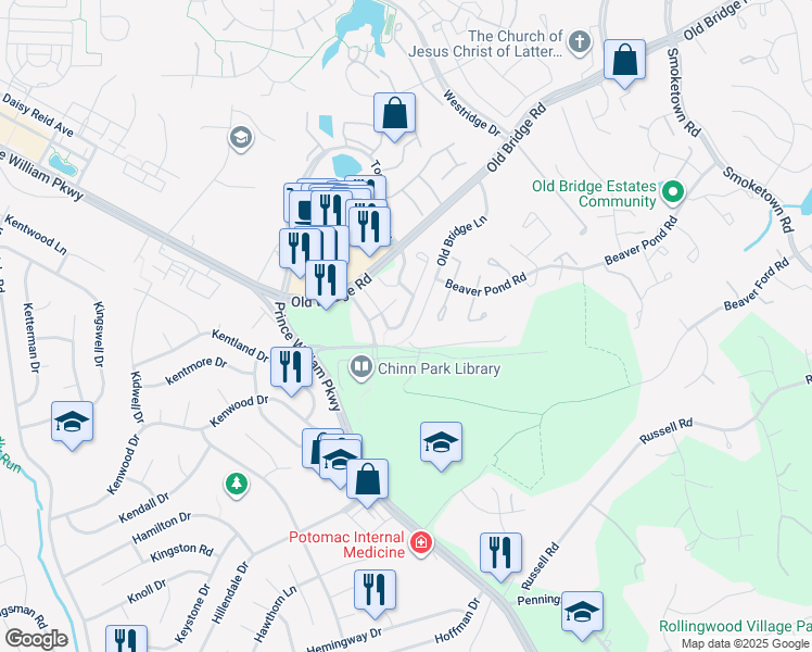 map of restaurants, bars, coffee shops, grocery stores, and more near 4083 Cressida Place in Woodbridge