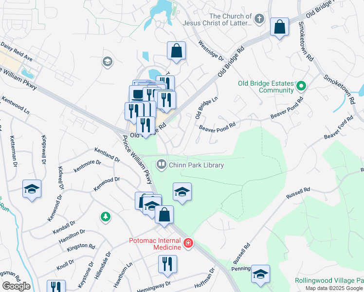 map of restaurants, bars, coffee shops, grocery stores, and more near 4083 Cressida Place in Woodbridge