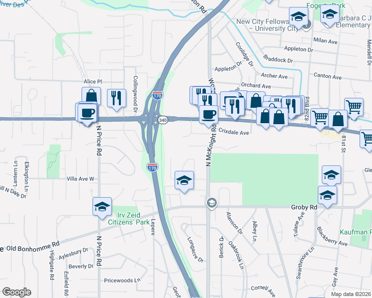 map of restaurants, bars, coffee shops, grocery stores, and more near 1145 Putter Lane in St. Louis