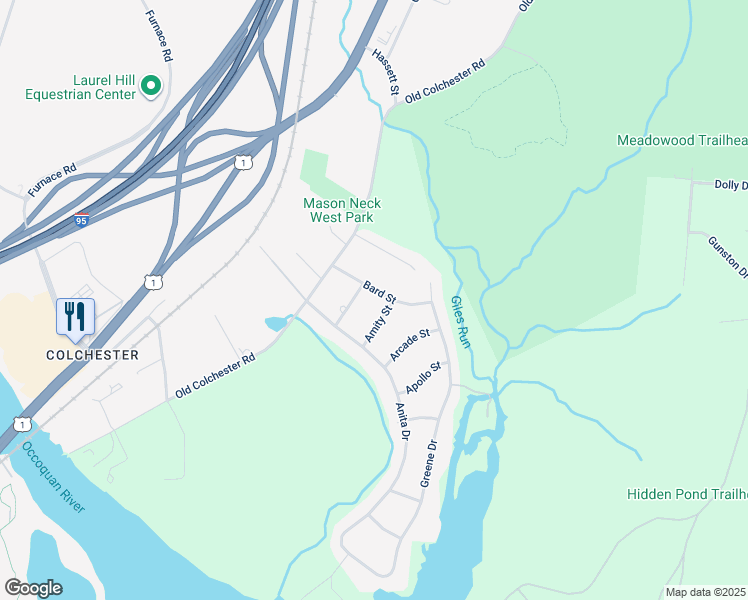 map of restaurants, bars, coffee shops, grocery stores, and more near 8119 Bard Street in Lorton