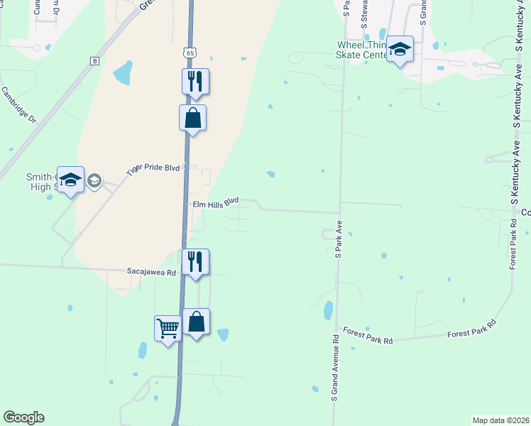 map of restaurants, bars, coffee shops, grocery stores, and more near 1375 Elm Hills Boulevard in Sedalia