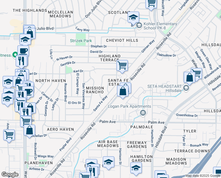 map of restaurants, bars, coffee shops, grocery stores, and more near 4009 Santa Fe Way in North Highlands