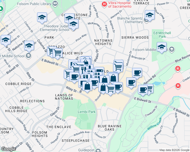 map of restaurants, bars, coffee shops, grocery stores, and more near 706 East Bidwell Street in Folsom