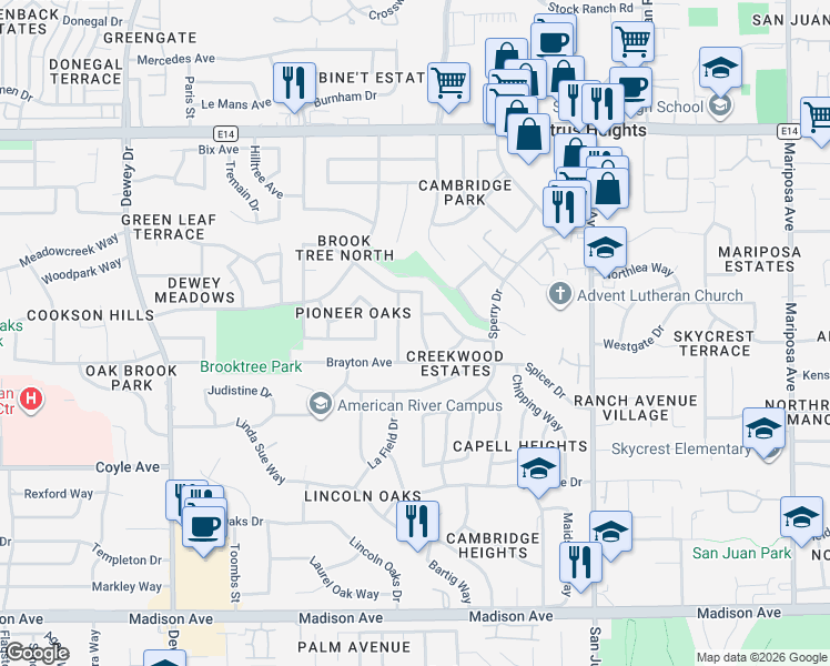 map of restaurants, bars, coffee shops, grocery stores, and more near 7109 Brayton Avenue in Citrus Heights