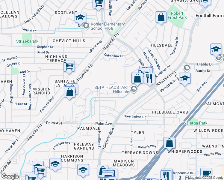 map of restaurants, bars, coffee shops, grocery stores, and more near 5800 Hamilton Street in Sacramento