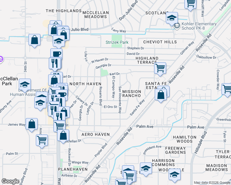 map of restaurants, bars, coffee shops, grocery stores, and more near 3825 Meramonte Way in North Highlands