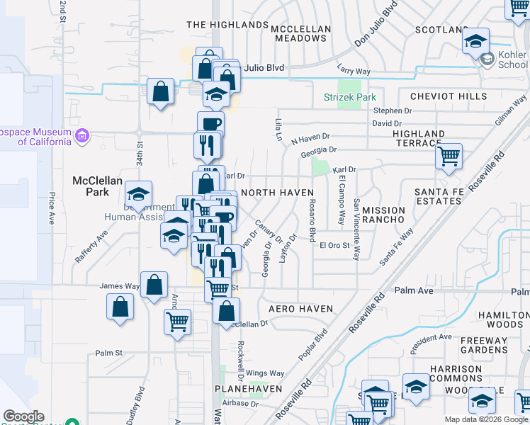 map of restaurants, bars, coffee shops, grocery stores, and more near 5720 Canary Drive in North Highlands