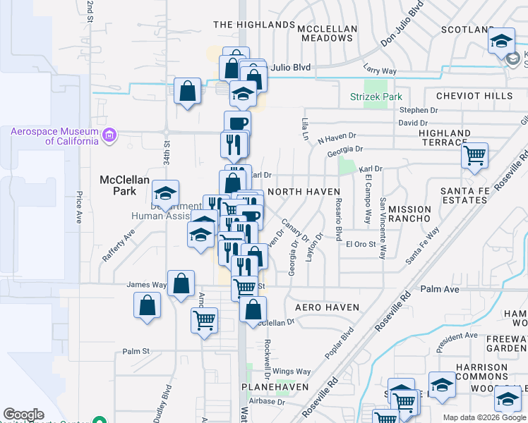 map of restaurants, bars, coffee shops, grocery stores, and more near 5729 Fairbairn Drive in North Highlands