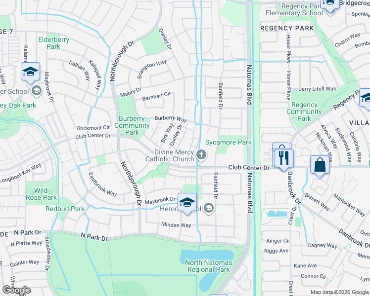 map of restaurants, bars, coffee shops, grocery stores, and more near Club Center Dr in Sacramento