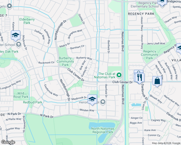 map of restaurants, bars, coffee shops, grocery stores, and more near Club Center Dr in Sacramento