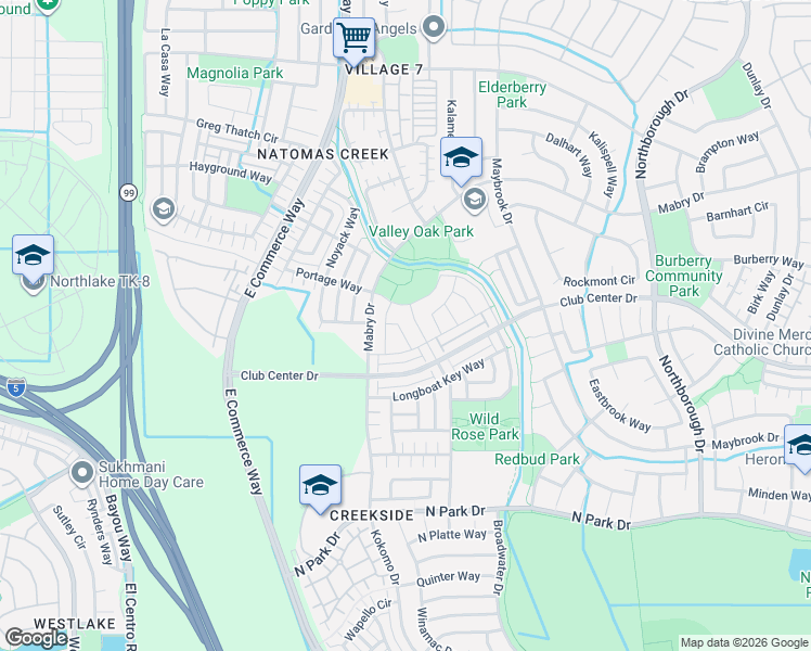 map of restaurants, bars, coffee shops, grocery stores, and more near 3015 Bowden Square Way in Sacramento