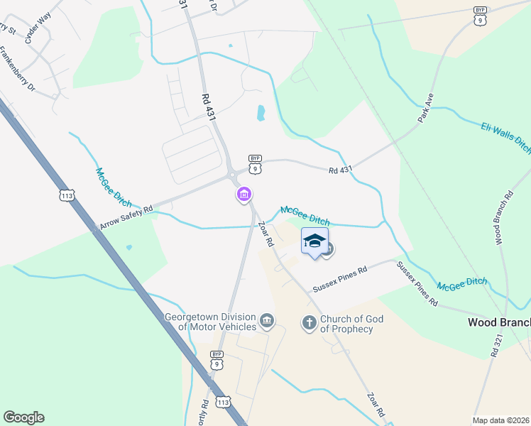 map of restaurants, bars, coffee shops, grocery stores, and more near 21761 Zoar Road in Georgetown