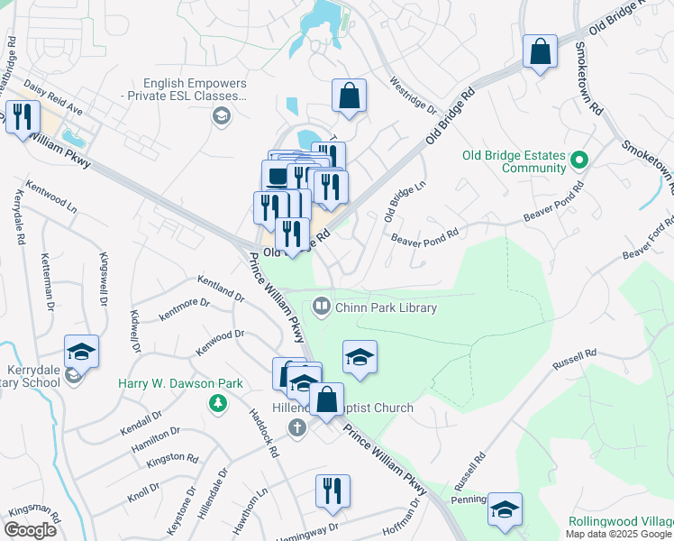 map of restaurants, bars, coffee shops, grocery stores, and more near 4119 Cressida Place in Woodbridge
