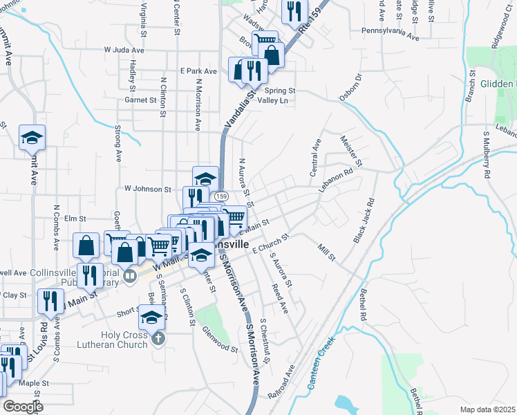 map of restaurants, bars, coffee shops, grocery stores, and more near 505 East Main Street in Collinsville