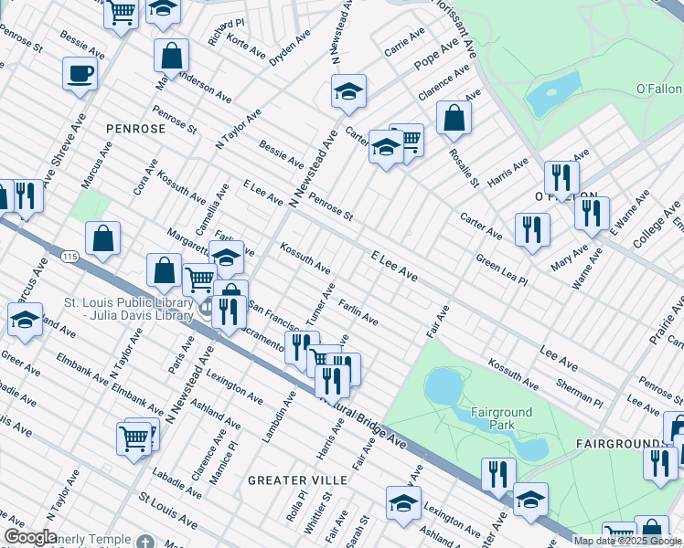 map of restaurants, bars, coffee shops, grocery stores, and more near 4291 Farlin Avenue in St. Louis
