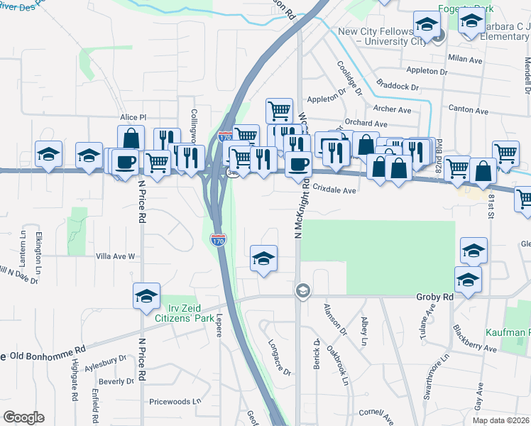 map of restaurants, bars, coffee shops, grocery stores, and more near 1145 Putter Lane in St. Louis