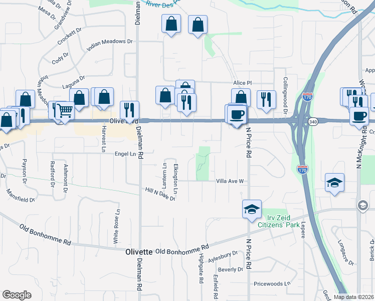 map of restaurants, bars, coffee shops, grocery stores, and more near 835 Woodmoor Drive in Olivette
