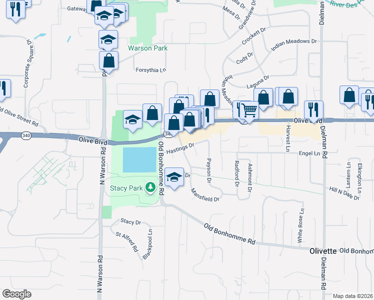 map of restaurants, bars, coffee shops, grocery stores, and more near 805 Braxton Court in Olivette